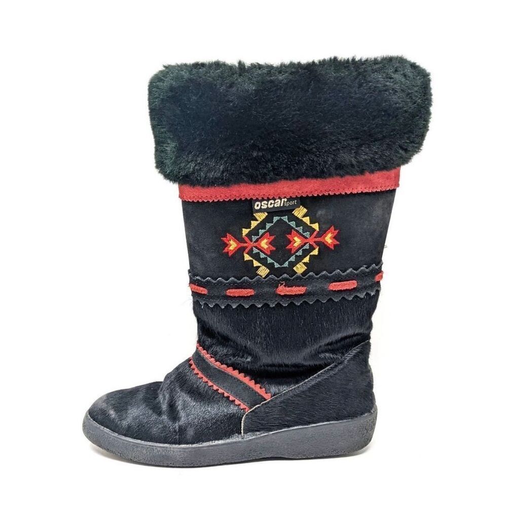 Oscar Sport Women's 39 Tribal Fur Leather Boots Black Red Nordic Winter Cozy